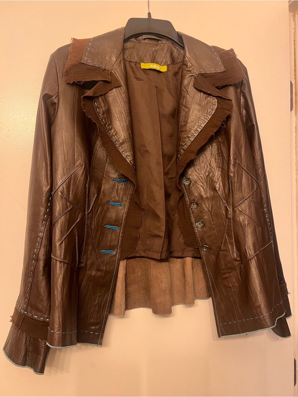 Acorn Brown Leather Jacket with Blue Accent Stitching